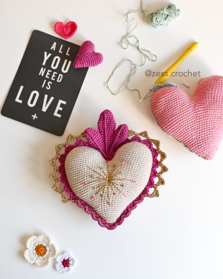 Kit crochet DIY - cœur ex-voto 5 coloris au choix - Beige/fushia